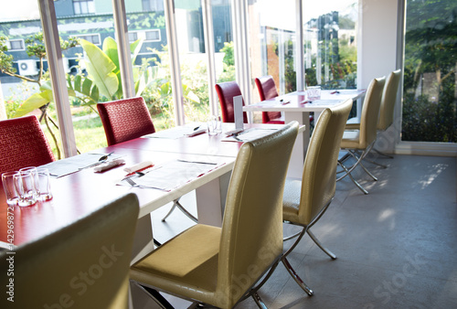 Empty restaurant interior waiting for customers.