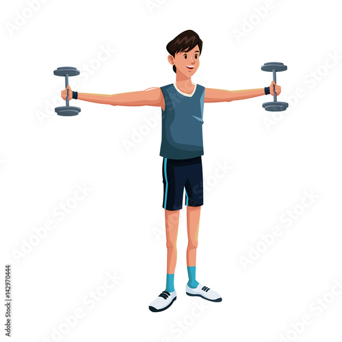 man with dumbbells,  cartoon icon over white background. colorful design. vector illustration