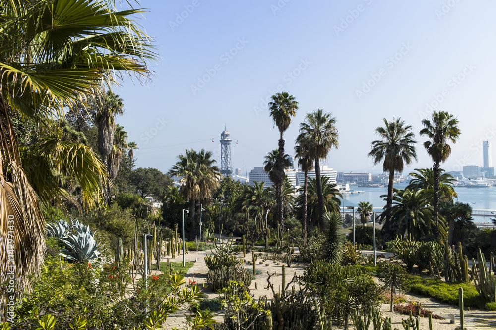 Fototapeta premium Historic funicular ropeway of Barcelona Spain seen from the botanic gardens of Joan Brossa.