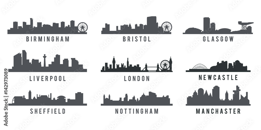 set of Great Britain big cities skyline silhouette