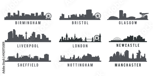 set of Great Britain big cities skyline silhouette photo