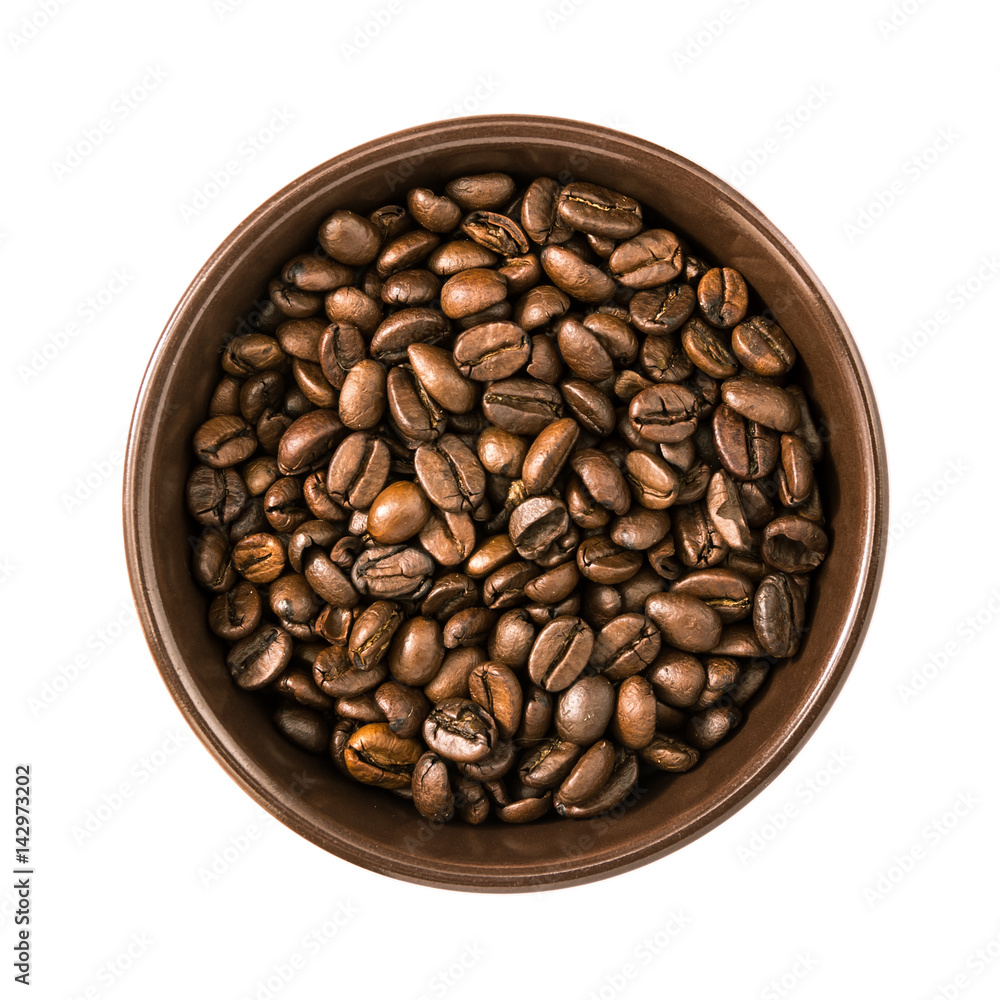 cup with coffee beans isolated on white background. Top view cup with coffee beans isolated on white background. Top view