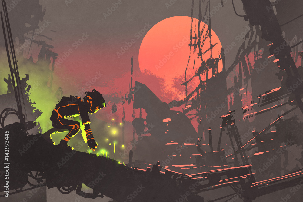 Naklejka premium the robot planting seeds in the ruin city at sunset, illustration painting
