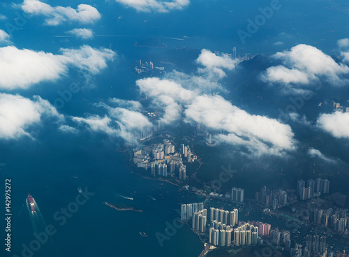 hong kong skyline, view from a flying airplane.