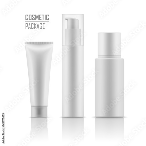 Set of blank template of white plastic packages: tube with hand cream, container for liquid lotion, bottle with dispenser pump. Vector collection of empty realistic mockup for cosmetic products.