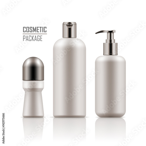 Set of empty realistic package for cosmetic product. Collection of blank template of plastic containers: deodorant, shampoo, body cream bottle with pump. Vector mockup of isolated on white background.