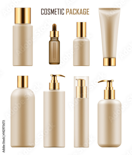 Set of realistic package for luxury cosmetic product. Collection of empty blank template of plastic containers with gold cap: bottle for liquid, skin care cream. Vector mockup of isolated on white