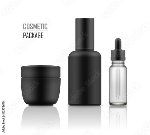 Set of realistic black package for luxury cosmetic product. Collection of blank template of plastic container: jar of cream, serum or essence in vial with dropper. Vector mockup on white background.