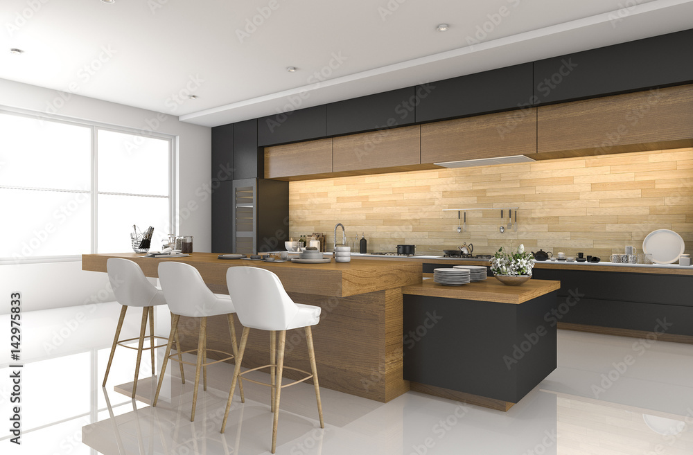 3d rendering modern black kitchen with wood decor 3d rendering modern black kitchen with wood decor