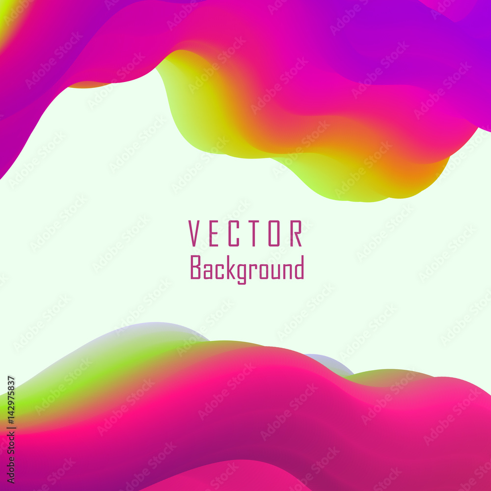 Trendy vector banner template with fluid abstract background. Colorful liquid paint splashes. Liquid magic and futuristic art. Flowing wave shapes - design for poster, cover, flyer, card.