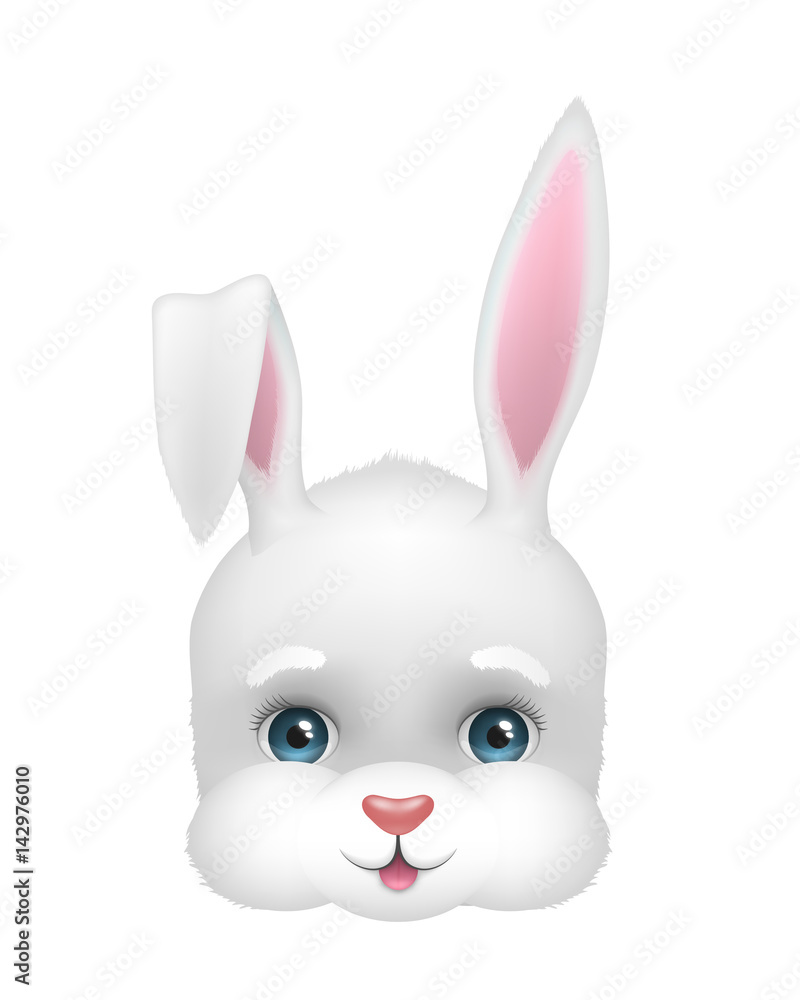 Baby face of funny bunny. Easter spring symbol. Vector illustration of cute and happy white rabbit head. Cartoon character icon isolated on background. Design for logo, banner, card Baby face of funny bunny. Easter spring symbol. Vector illustration of cute and happy white rabbit head. Cartoon character icon isolated on background. Design for logo, banner, card
