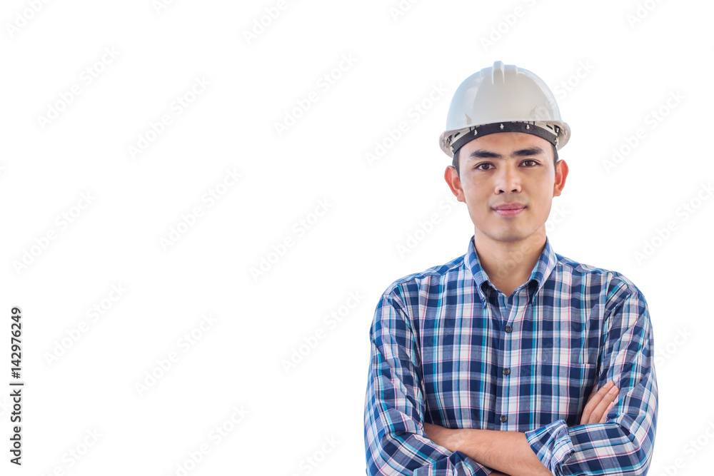 Portrait of engineer wear white safety helmet on isolated white backgrouond Portrait of engineer wear white safety helmet on isolated white backgrouond