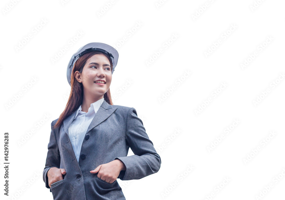 Portrait of beautiful young engineer woman wear a white safety helmet smiling with commitment to success on white isolated background