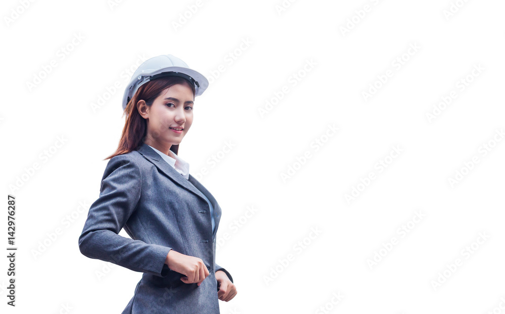 Portrait of beautiful young engineer woman wear a white safety helmet smiling with commitment to success on white isolated background Portrait of beautiful young engineer woman wear a white safety helmet smiling with commitment to success on white isolated background