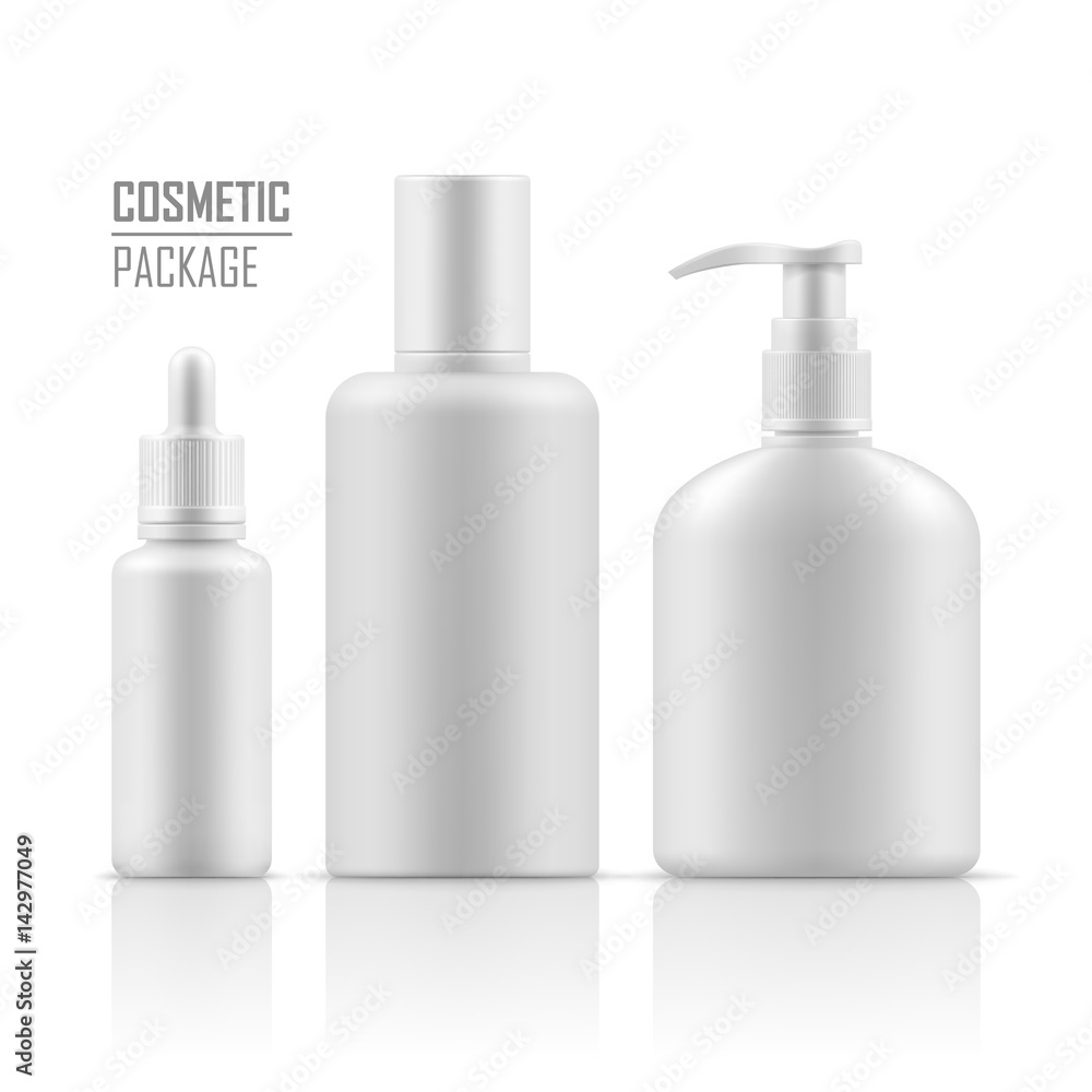 Blank template of packages. Cosmetic for hygiene and clean. Set of empty realistic plastic containers: body cream bottle, liquid soap with dispenser. Vector mockup isolated on white background. Blank template of packages. Cosmetic for hygiene and clean. Set of empty realistic plastic containers: body cream bottle, liquid soap with dispenser. Vector mockup isolated on white background.