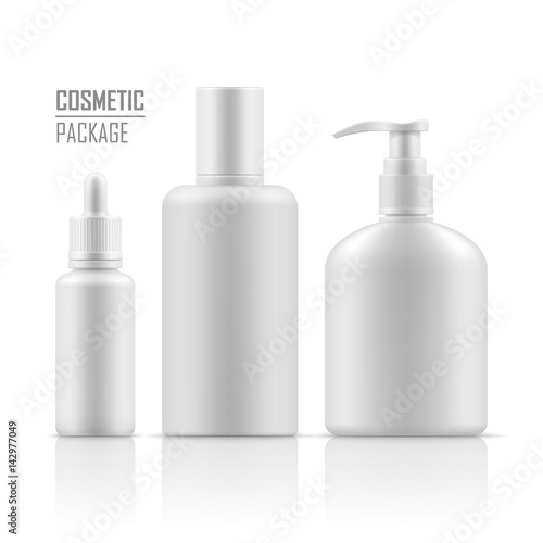 Blank template of packages. Cosmetic for hygiene and clean. Set of empty realistic plastic containers: body cream bottle, liquid soap with dispenser. Vector mockup isolated on white background.