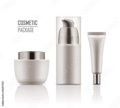 Collection blank template of packages for cosmetic. Set of empty realistic plastic containers: body cream jar, tube, foam with dispenser. Vector mockup of packages isolated on white background.