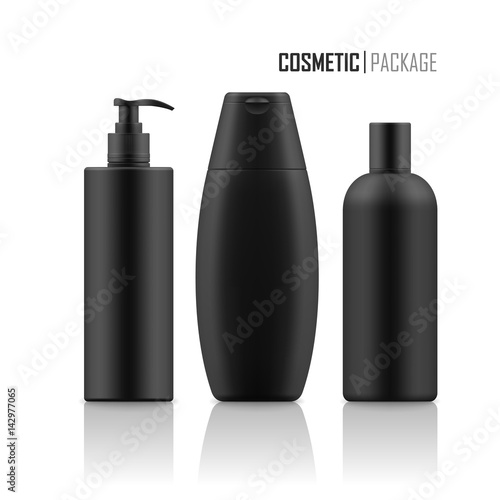 Set of realistic black package for luxury cosmetic product. Collection of blank template of plastic container with pump, tube, bottle with dispenser, spray. Vector mockup of packages isolated on white