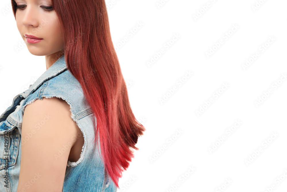 Beautiful young woman with dyed hair on white background Beautiful young woman with dyed hair on white background