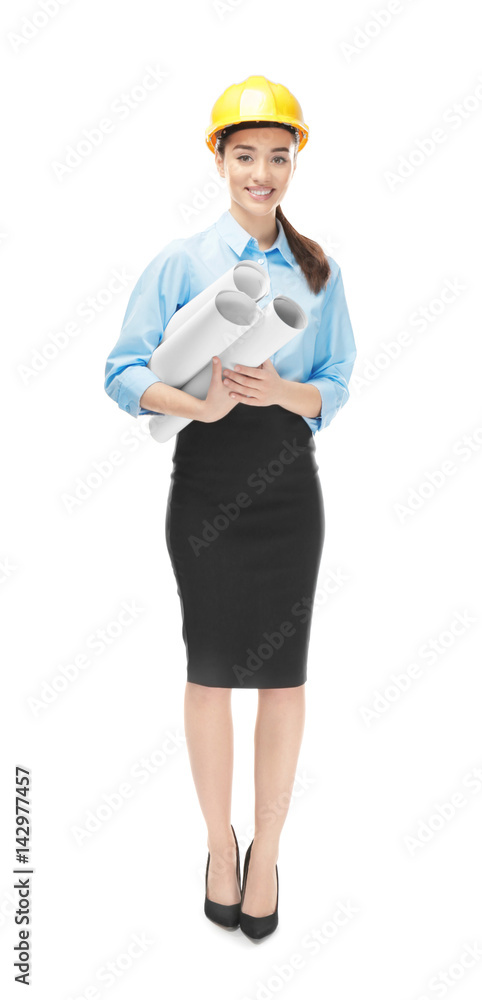 Beautiful young engineer on white background Beautiful young engineer on white background