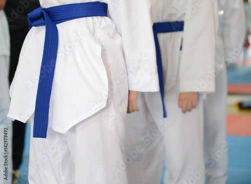 People in martial arts training exercising Taekwondo.