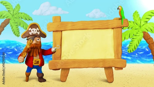 Funny Cartoon Pirate speak and Wooden Plaque. Summer Beach. Clay animation. 4K