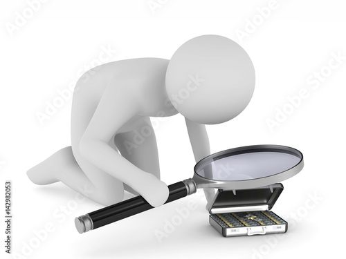 Man with magnifier on white...