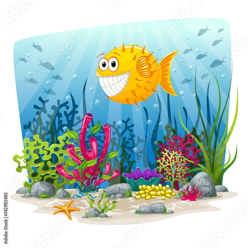 Illustration of an underwater landscape with fish and plants