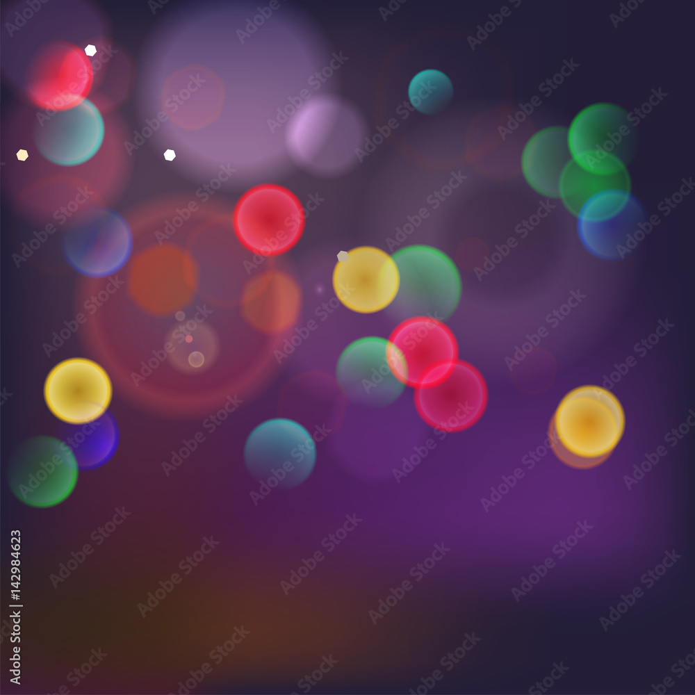 Abstract blurred background with bokeh effect and glowing colored spots. 