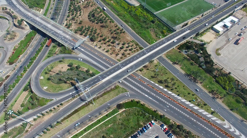 Highway interchange with traffic on all levels - Aerial view