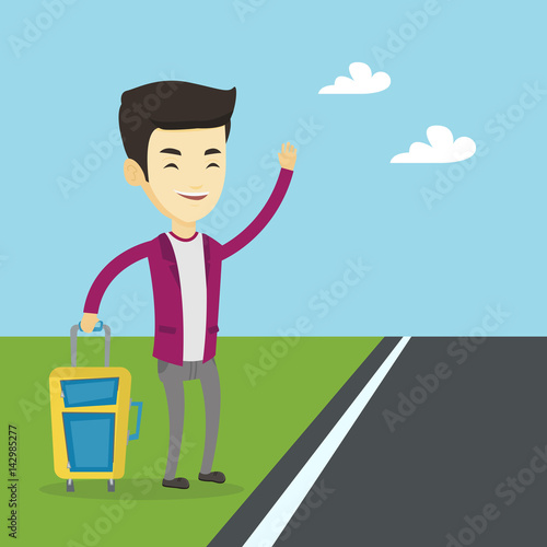 Young man hitchhiking vector illustration.