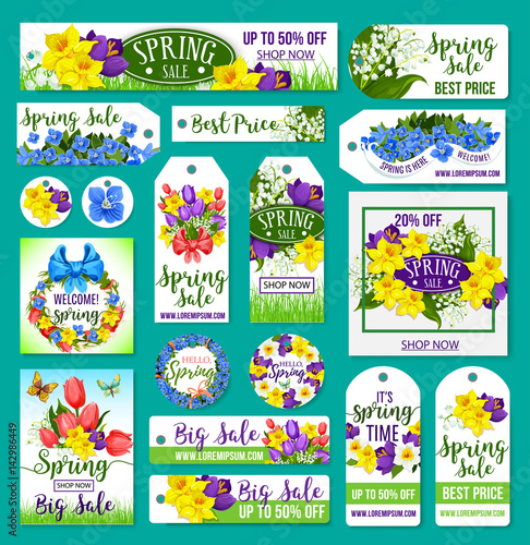 Spring sale vector tags, posters, banner templates