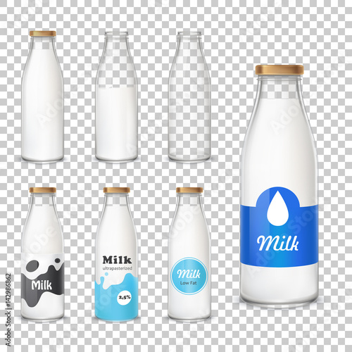 Set of vector icons glass bottles empty and with a milk in a realistic style. Milk bottles with different label patterns isolated on transparent background