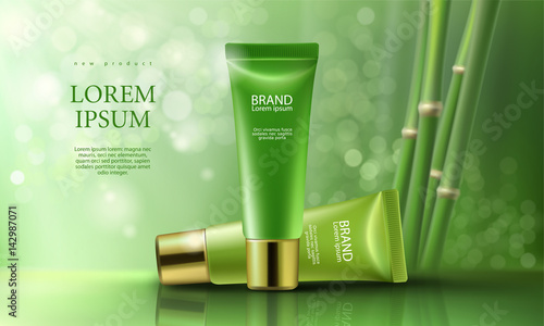 Vector 3D illustration poster with day and night moisturizing cosmetic premium products, green background with beautiful tubes and bamboo shoots