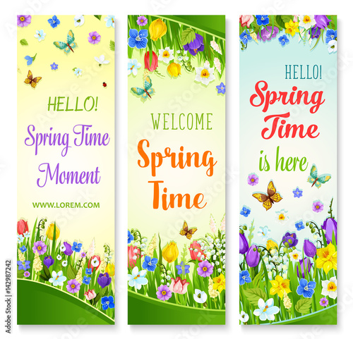 Vector spring flowers banners with greeting quotes