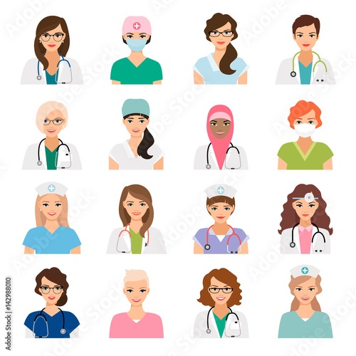 Female doctors and nurses avatars set