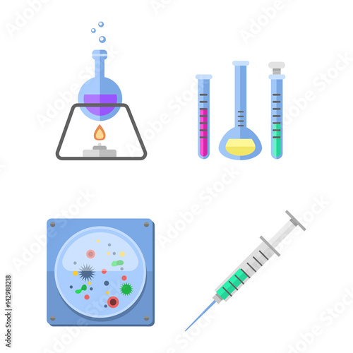 Lab symbols test medical laboratory scientific biology design molecule syringe concept and biotechnology science chemistry icons vector illustration.