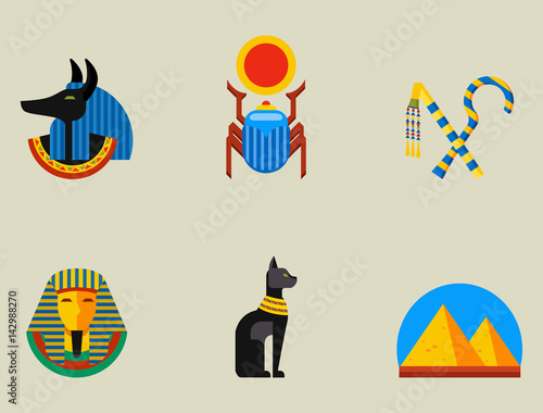 Set of vector flat design egypt travel icons culture ancient elements illustration.