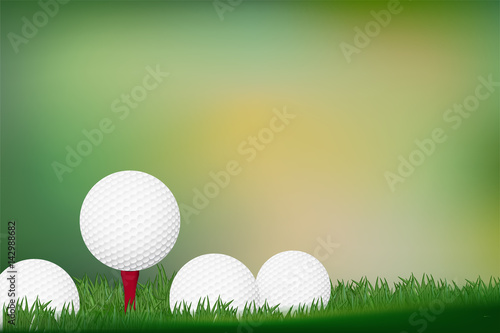 Four golf ball on green with green blurred background.Design for golf tournament banner in vector illustration.