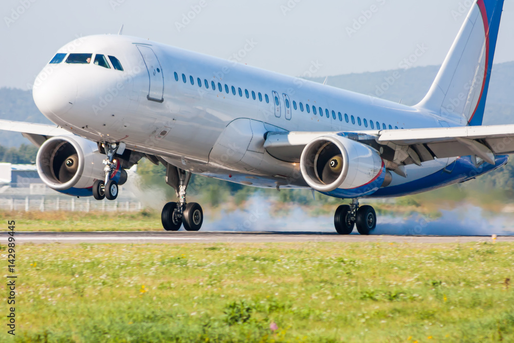 Fototapeta premium The plane lands. Touching the runway with smoke