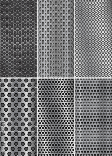 Collection of metal backgrounds. Perforated steel textures. Flyer templates