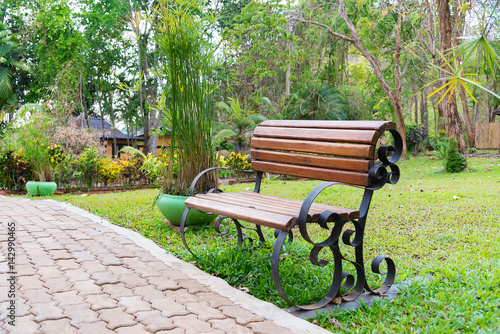 Wooden bench in garden or park outdoor with meadow.