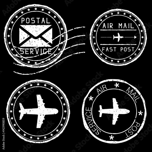 Mail stamps for envelopes. White vector illustration on black background