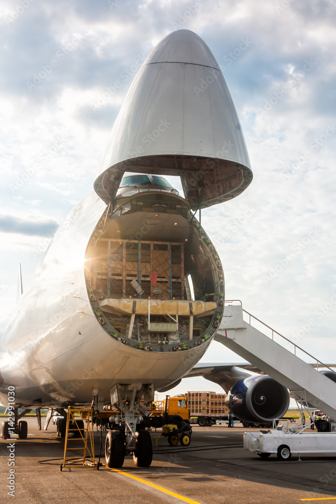 Unloading widebody cargo aircraft - obrazy, fototapety, plakaty 