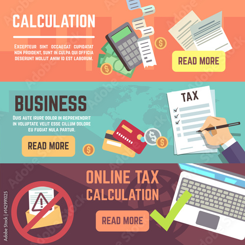 Online tax accountanting, taxation, business finance vector banners set