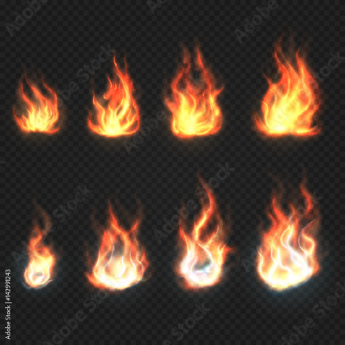 Isolated fire flames, power and energy symbols vector set