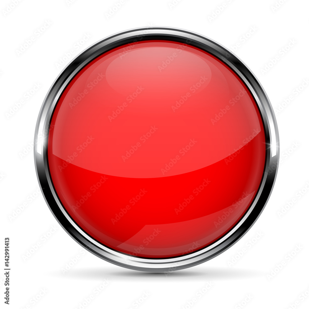 Red round glass button with chrome frame Red round glass button with chrome frame