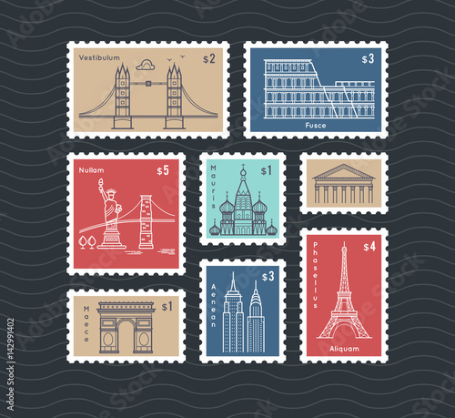Postage stamps with line travelling city national landmarks vector set