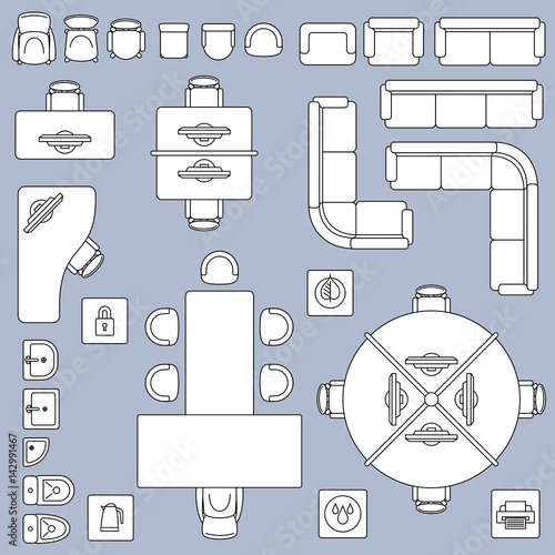 Office meeting furnitures, architecture plan vector line icons