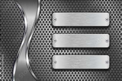 Metal perforated background with blank steel plates and chrome wave